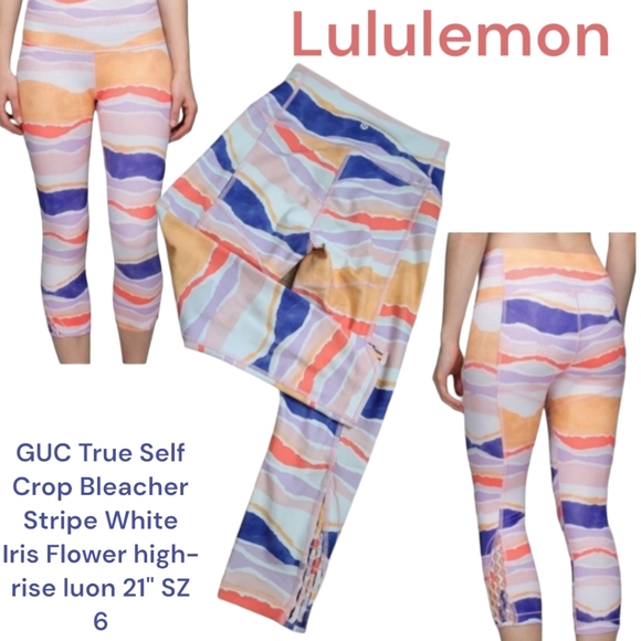 Lululemon True Self Crop Bleacher Stripe White Iris Flower high-rise luon 21"  6 - Picture 1 of 14